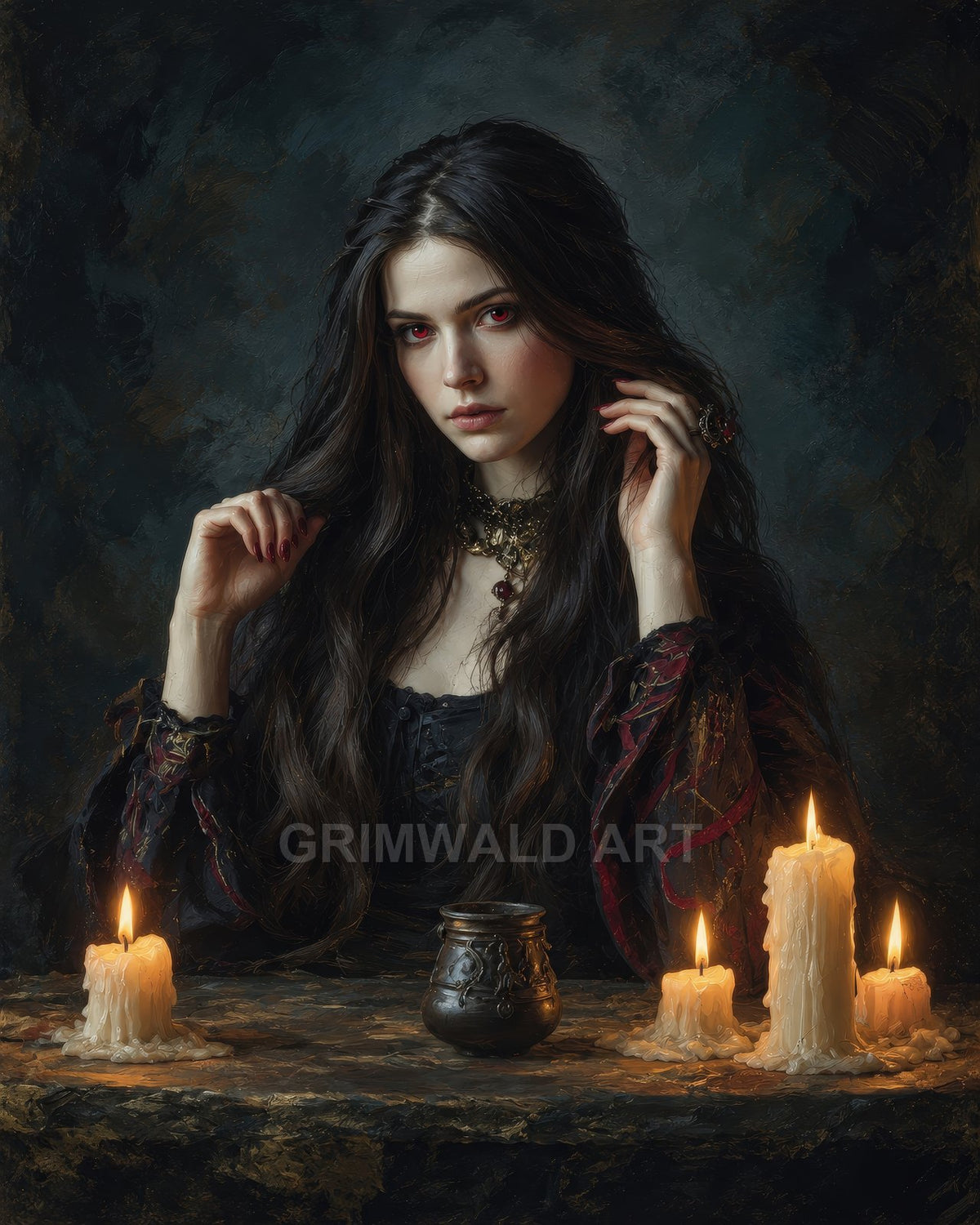 Gothic vampire woman with red eyes sits at a candlelit table, long dark hair, ornate jewellery, and a small metal goblet.