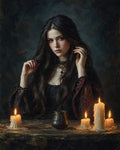 GRID THUMBNAIL — Gothic vampire woman with red eyes sits at a candlelit table, long dark hair, ornate jewellery, and a small metal goblet.