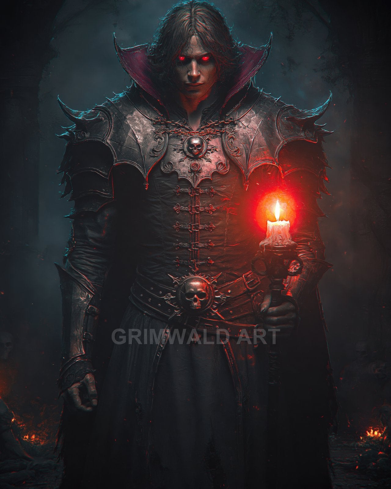 Armoured vampire with glowing red eyes holds a candle in dark ruins, gothic armour with skull motifs and high collar, night, ominous atmosphere.