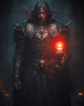 GRID THUMBNAIL — Armoured vampire with glowing red eyes holds a candle in dark ruins, gothic armour with skull motifs and high collar, night, ominous atmosphere.