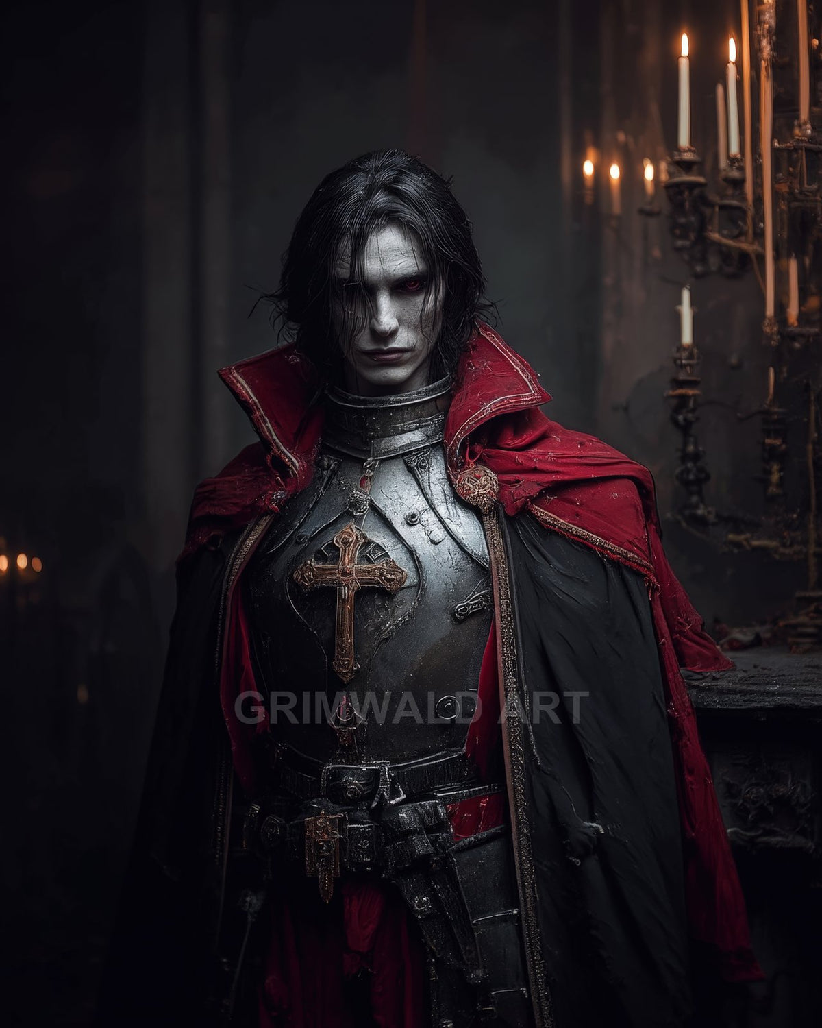 Pale red-eyed vampire knight in black plate armour and crimson cloak stands in a candlelit gothic interior with cross emblem and candelabra.