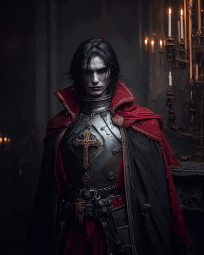 GRID THUMBNAIL — Pale red-eyed vampire knight in black plate armour and crimson cloak stands in a candlelit gothic interior with cross emblem and candelabra.