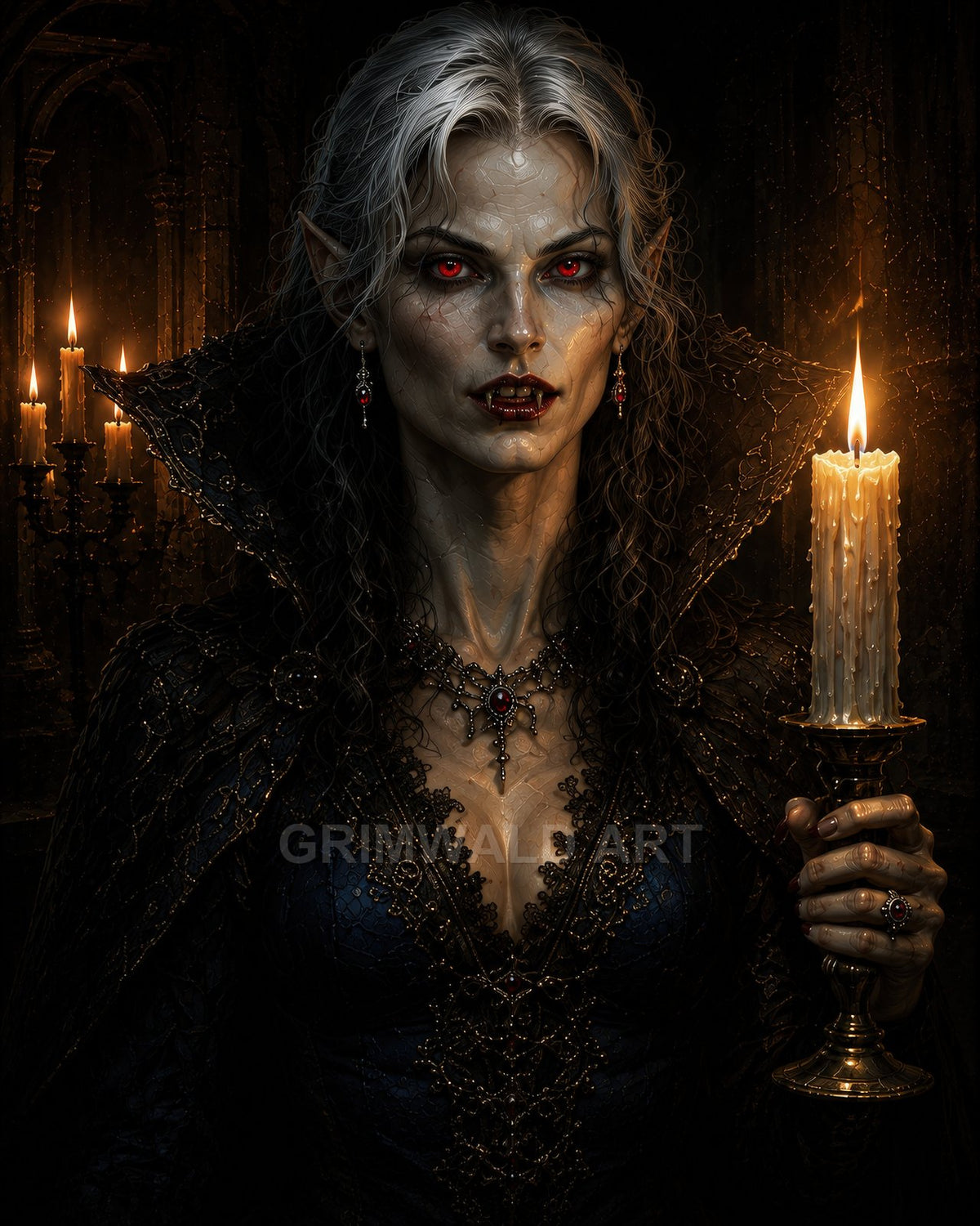 Vampiric woman with red eyes and fangs holds a dripping candle in a dark gothic hall, wearing ornate black lace and ruby jewellery.
