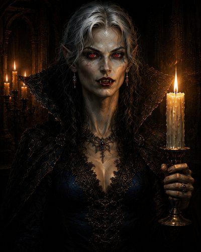 GRID THUMBNAIL — Vampiric woman with red eyes and fangs holds a dripping candle in a dark gothic hall, wearing ornate black lace and ruby jewellery.