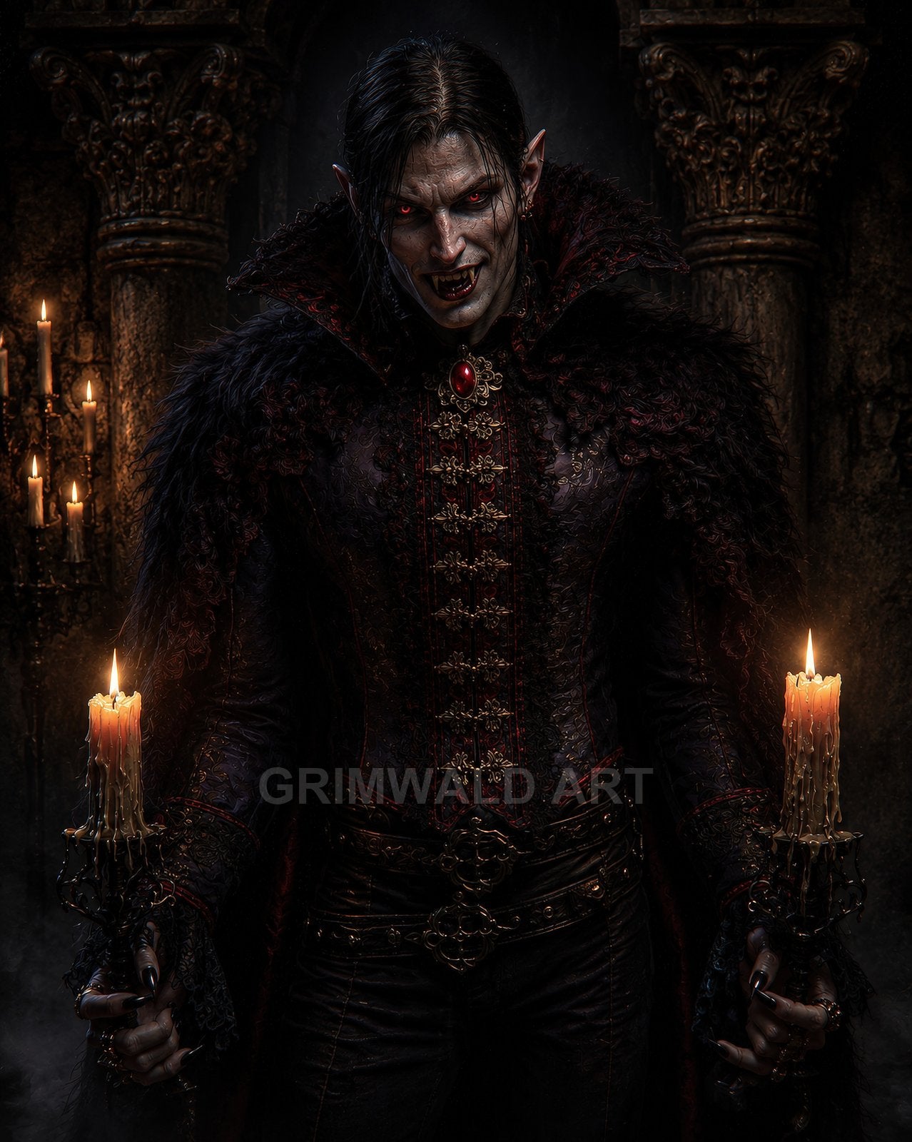 A pale, red-eyed vampire noble holds two dripping candles in a dark gothic castle interior, baroque embroidered coat, furred cloak, and bared fangs.