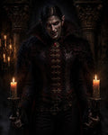 GRID THUMBNAIL — A pale, red-eyed vampire noble holds two dripping candles in a dark gothic castle interior, baroque embroidered coat, furred cloak, and bared fangs.