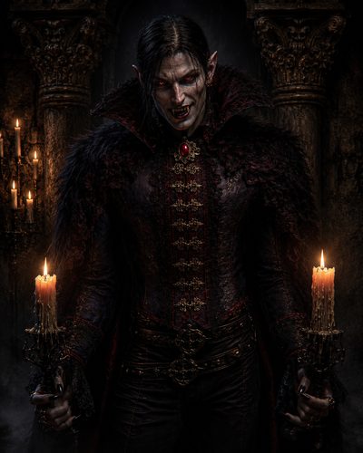 GRID THUMBNAIL — A pale, red-eyed vampire noble holds two dripping candles in a dark gothic castle interior, baroque embroidered coat, furred cloak, and bared fangs.