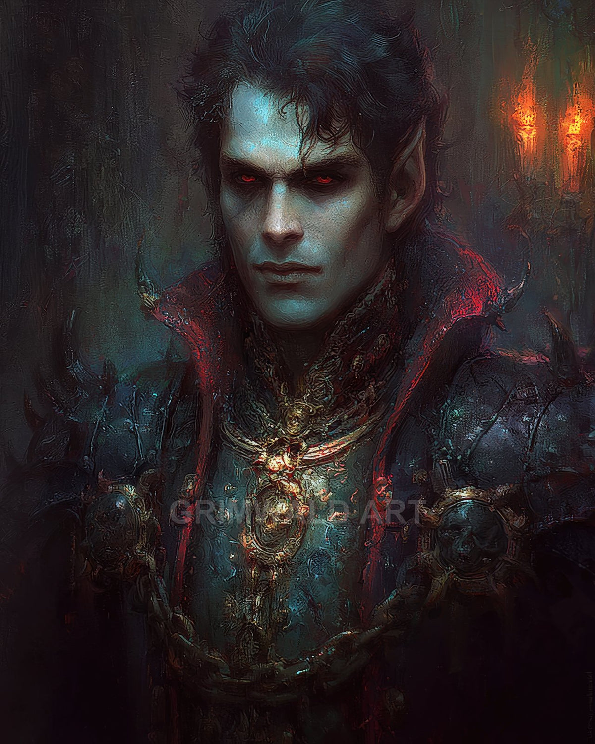 Portrait of a pale male vampire with glowing red eyes and ornate spiked armour, high crimson collar, chains and medallions, before flickering candlelight.
