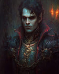 GRID THUMBNAIL — Portrait of a pale male vampire with glowing red eyes and ornate spiked armour, high crimson collar, chains and medallions, before flickering candlelight.