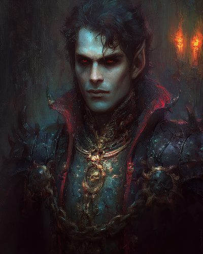 GRID THUMBNAIL — Portrait of a pale male vampire with glowing red eyes and ornate spiked armour, high crimson collar, chains and medallions, before flickering candlelight.