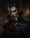 GRID THUMBNAIL — Candlelit portrait of a pale, sharp-featured vampire with fangs, pointed ears and golden eyes, wearing a high-collared black coat and crimson cravat.
