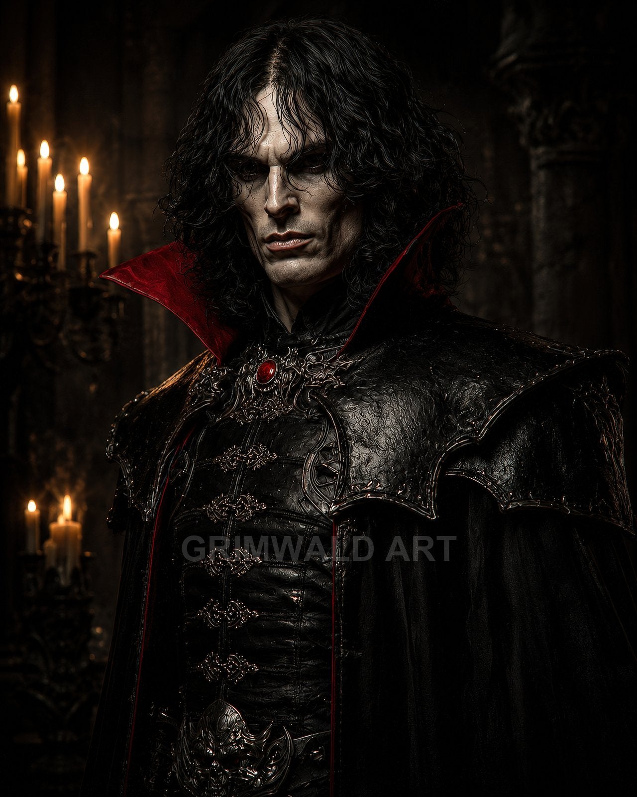Pale, long-haired vampire noble in ornate black armour with red accents, standing in a candlelit gothic interior, staring intensely toward the viewer.