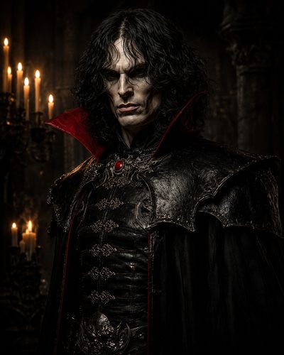 GRID THUMBNAIL — Pale, long-haired vampire noble in ornate black armour with red accents, standing in a candlelit gothic interior, staring intensely toward the viewer.