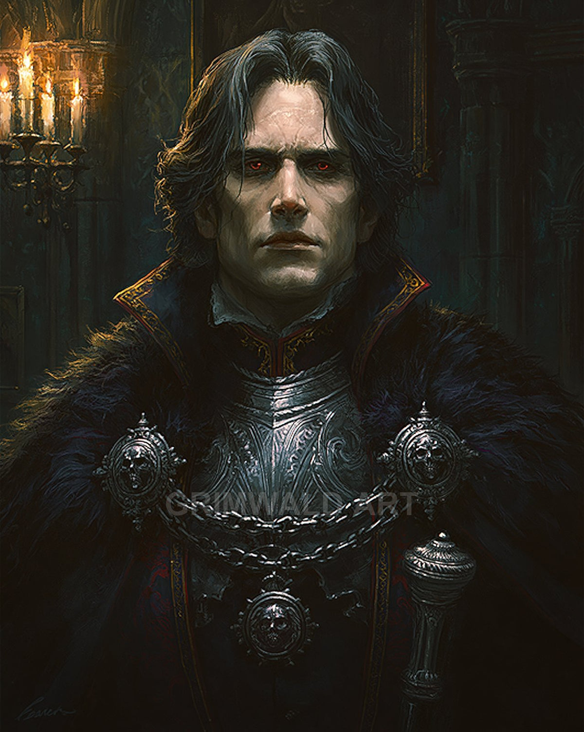 Portrait of a pale, red-eyed vampire noble in ornate silver armour and dark fur cloak, standing in a candlelit gothic castle interior.