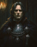 GRID THUMBNAIL — Portrait of a pale, red-eyed vampire noble in ornate silver armour and dark fur cloak, standing in a candlelit gothic castle interior.
