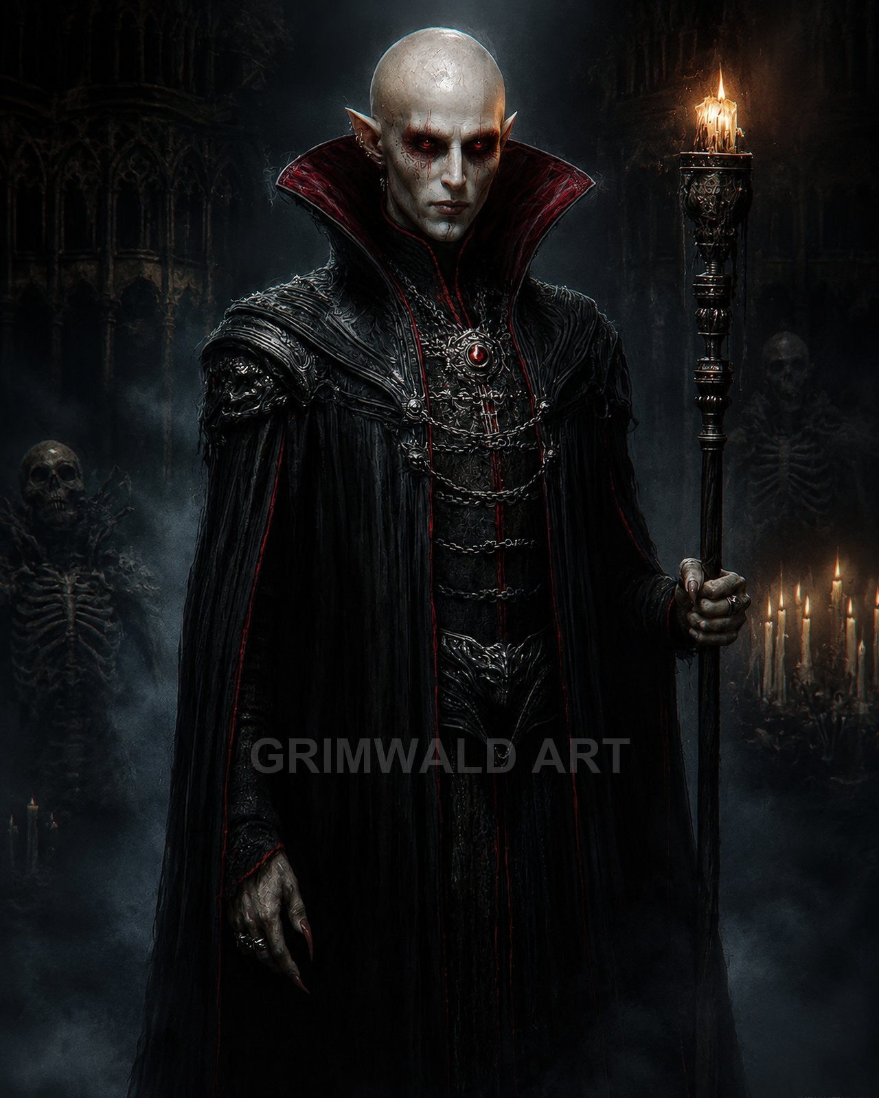 Pale, red-eyed vampire in ornate black robes holds a candle-topped staff amid gothic arches, skeletons, and flickering candles, shrouded in dark mist.