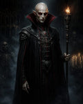 GRID THUMBNAIL — Pale, red-eyed vampire in ornate black robes holds a candle-topped staff amid gothic arches, skeletons, and flickering candles, shrouded in dark mist.