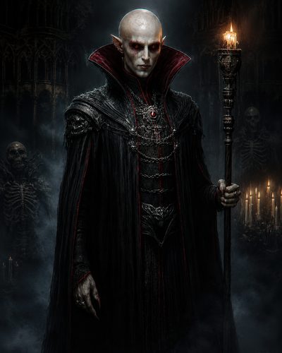 GRID THUMBNAIL — Pale, red-eyed vampire in ornate black robes holds a candle-topped staff amid gothic arches, skeletons, and flickering candles, shrouded in dark mist.