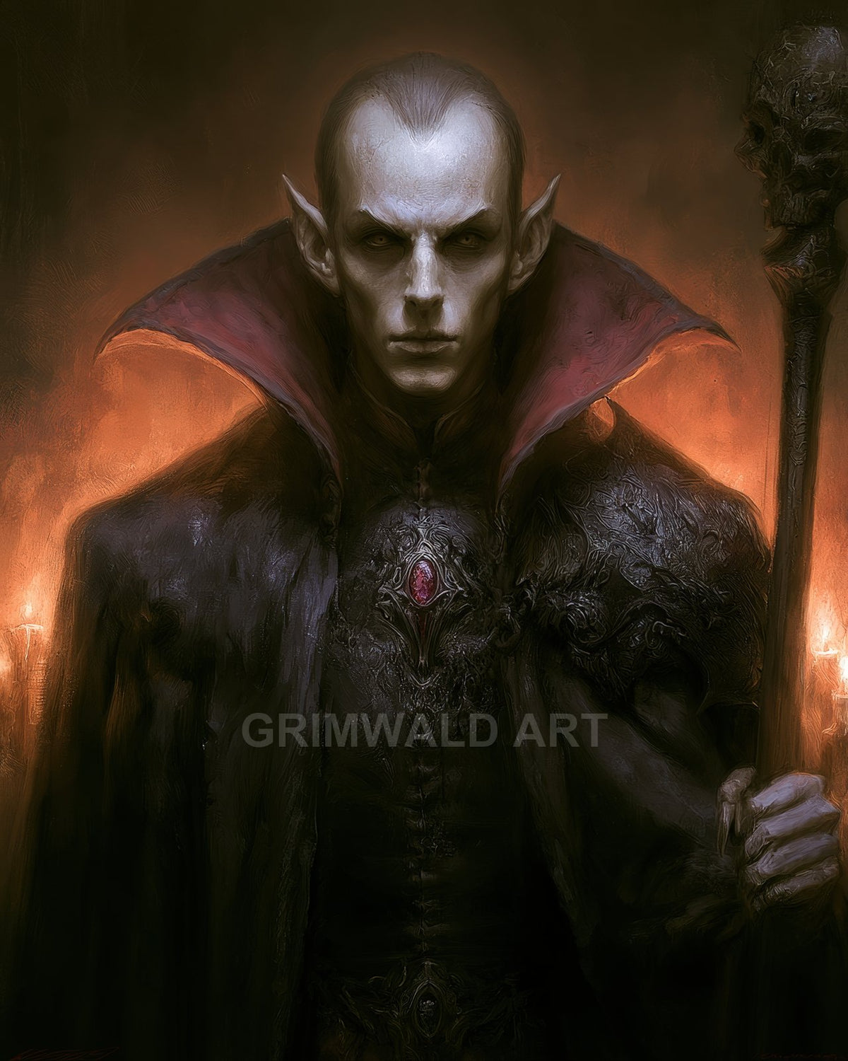 Pale, sharp-featured vampire necromancer in a high-collared cloak holds a skull-topped staff before candlelit darkness, a crimson gem glowing on his chest.
