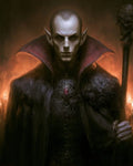 GRID THUMBNAIL — Pale, sharp-featured vampire necromancer in a high-collared cloak holds a skull-topped staff before candlelit darkness, a crimson gem glowing on his chest.