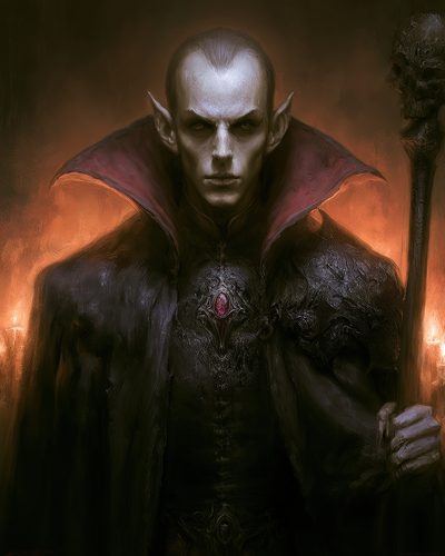 GRID THUMBNAIL — Pale, sharp-featured vampire necromancer in a high-collared cloak holds a skull-topped staff before candlelit darkness, a crimson gem glowing on his chest.