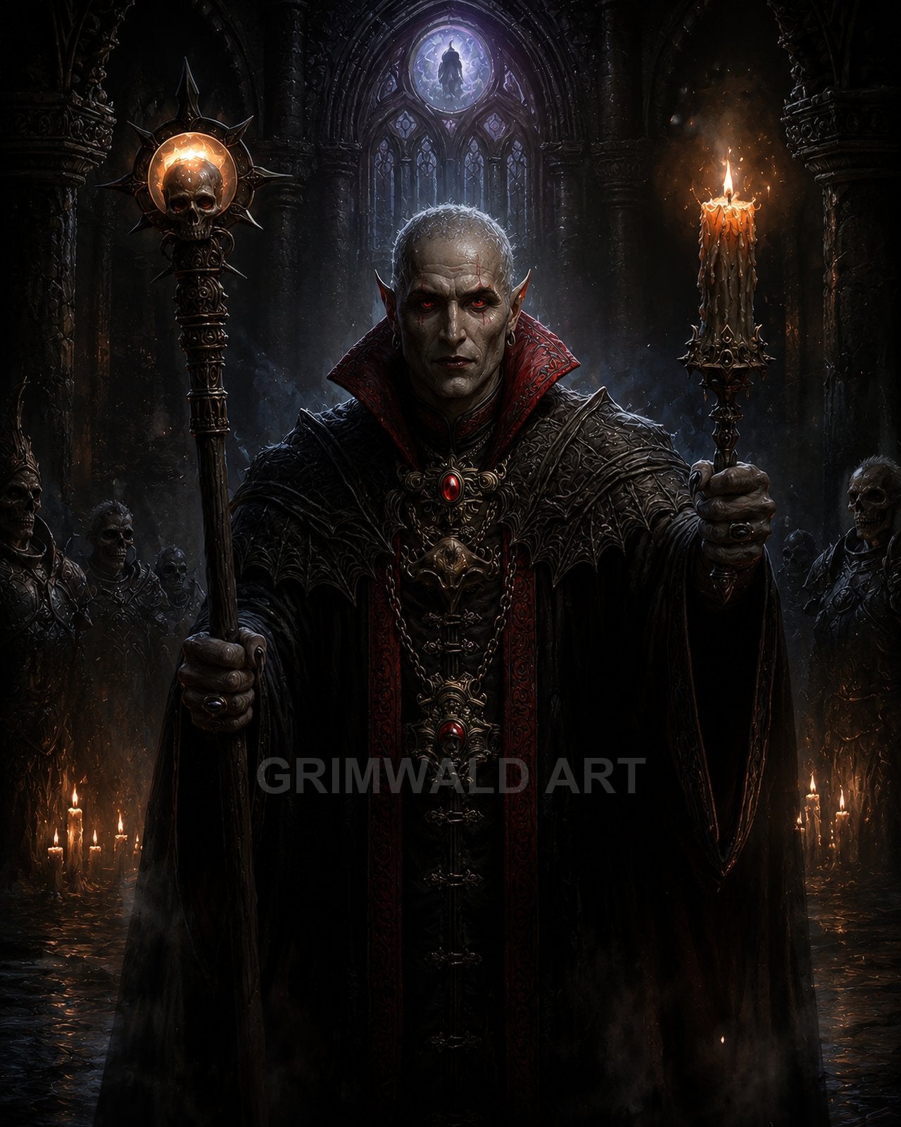 A pale, red-eyed vampire necromancer holds a skull-topped staff and candle inside a dark gothic cathedral, surrounded by undead acolytes and candlelight.