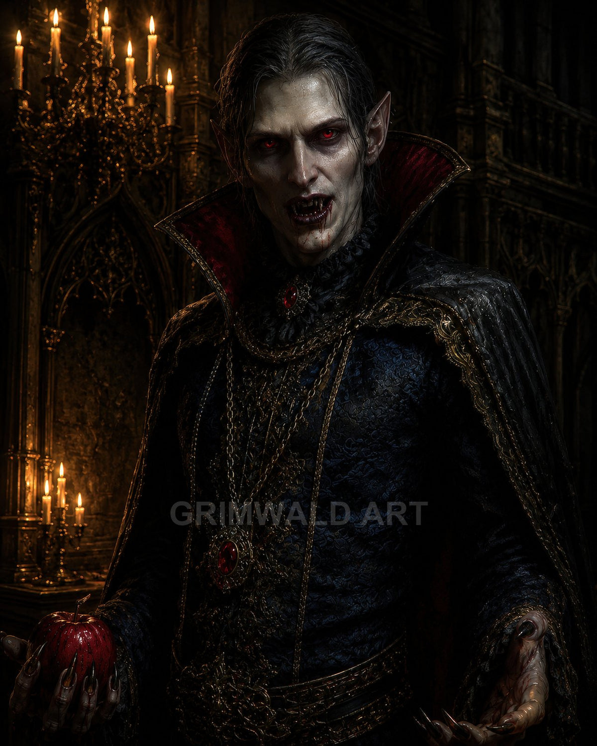 A pale, red-eyed vampire noble in ornate dark attire holds a blood-red apple in a candlelit gothic castle interior, baring fanged teeth.