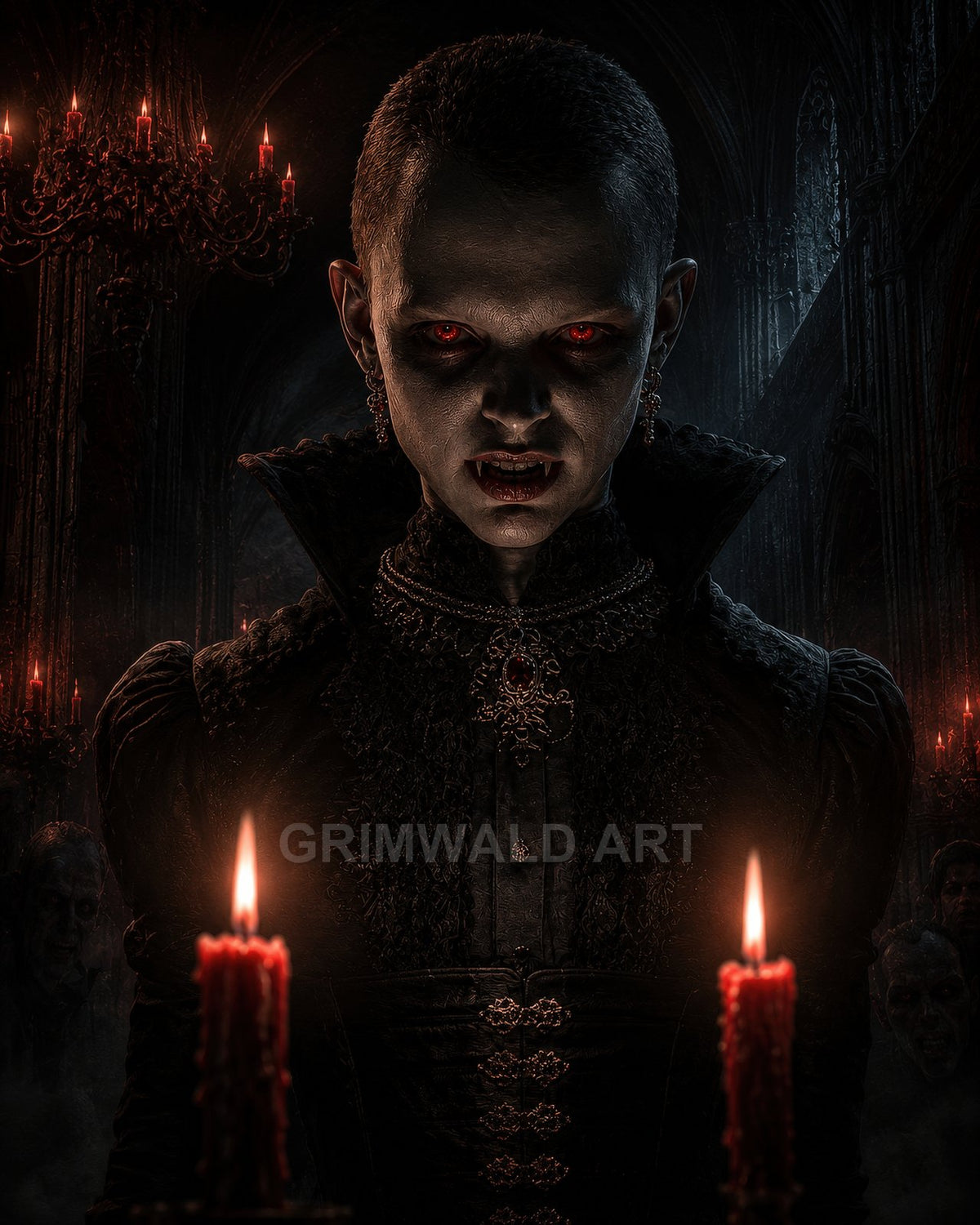 Gothic vampire with glowing red eyes and fangs faces viewer in candlelit cathedral, ornate black attire, red candles and shadowy figures behind.