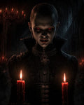 GRID THUMBNAIL — Gothic vampire with glowing red eyes and fangs faces viewer in candlelit cathedral, ornate black attire, red candles and shadowy figures behind.