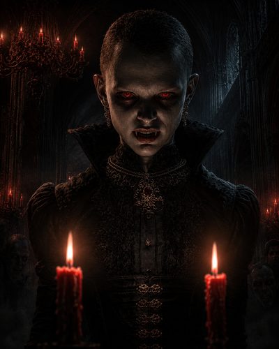 GRID THUMBNAIL — Gothic vampire with glowing red eyes and fangs faces viewer in candlelit cathedral, ornate black attire, red candles and shadowy figures behind.