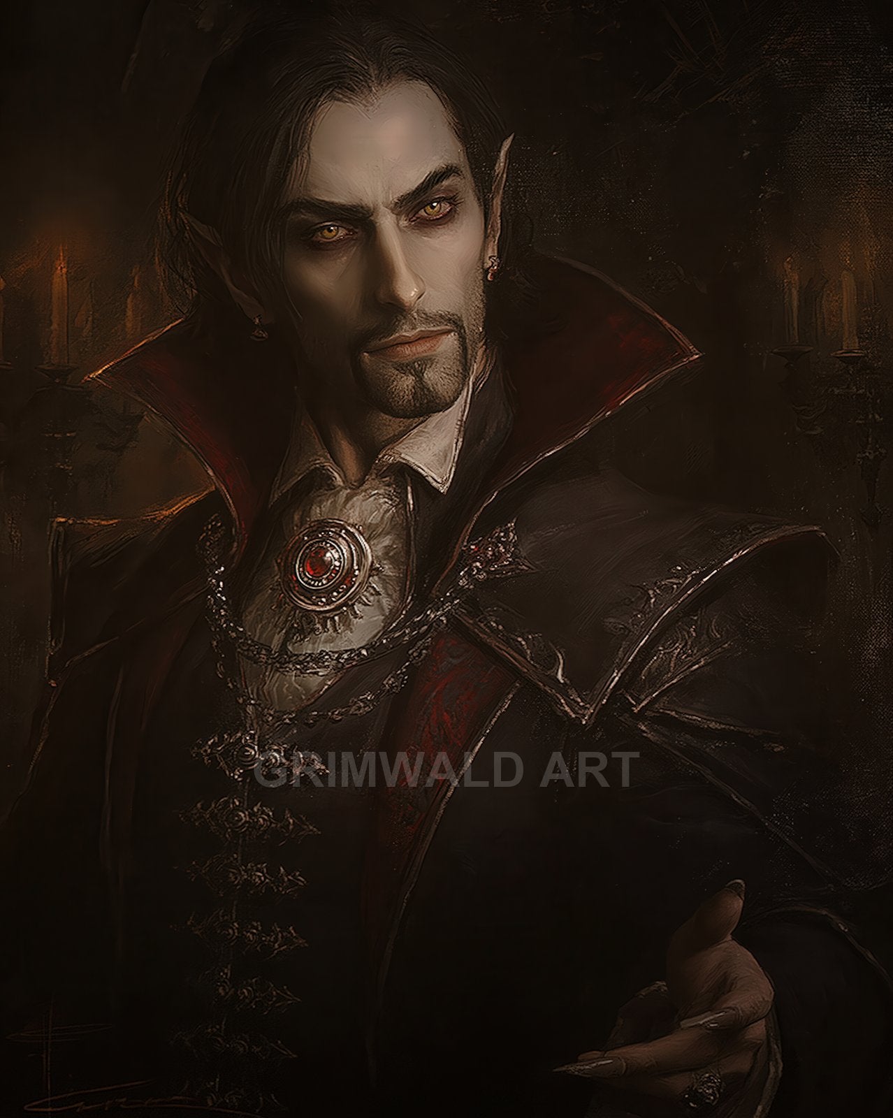 Gothic portrait of a male vampire noble with pointed ears, red gemstone medallion and high collar, standing in candlelit darkness with a sinister gaze.