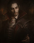 GRID THUMBNAIL — Gothic portrait of a male vampire noble with pointed ears, red gemstone medallion and high collar, standing in candlelit darkness with a sinister gaze.