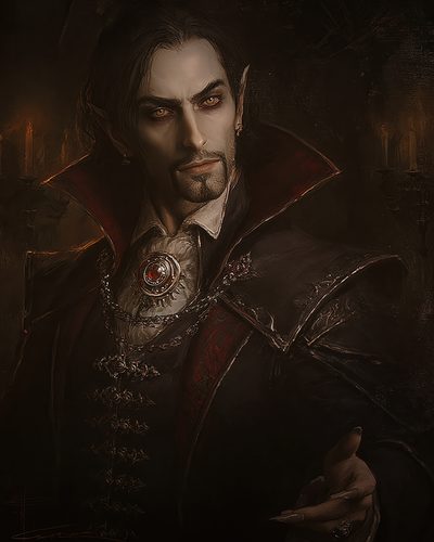 GRID THUMBNAIL — Gothic portrait of a male vampire noble with pointed ears, red gemstone medallion and high collar, standing in candlelit darkness with a sinister gaze.