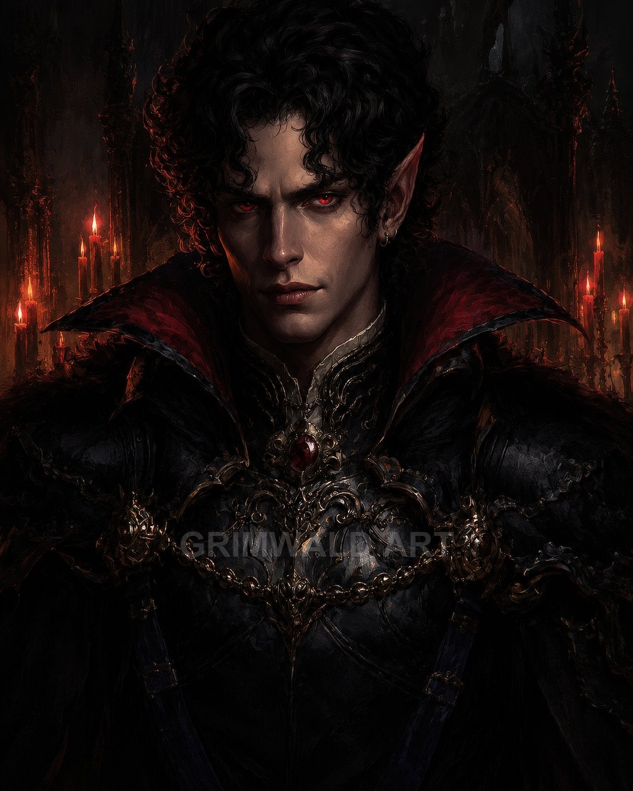 Portrait of a male vampire in ornate black armour with red eyes and a high crimson collar, in a candlelit Gothic cathedral background with candelabras.