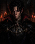 GRID THUMBNAIL — Portrait of a male vampire in ornate black armour with red eyes and a high crimson collar, in a candlelit Gothic cathedral background with candelabras.