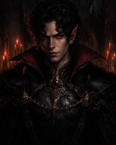 GRID THUMBNAIL — Portrait of a male vampire in ornate black armour with red eyes and a high crimson collar, in a candlelit Gothic cathedral background with candelabras.