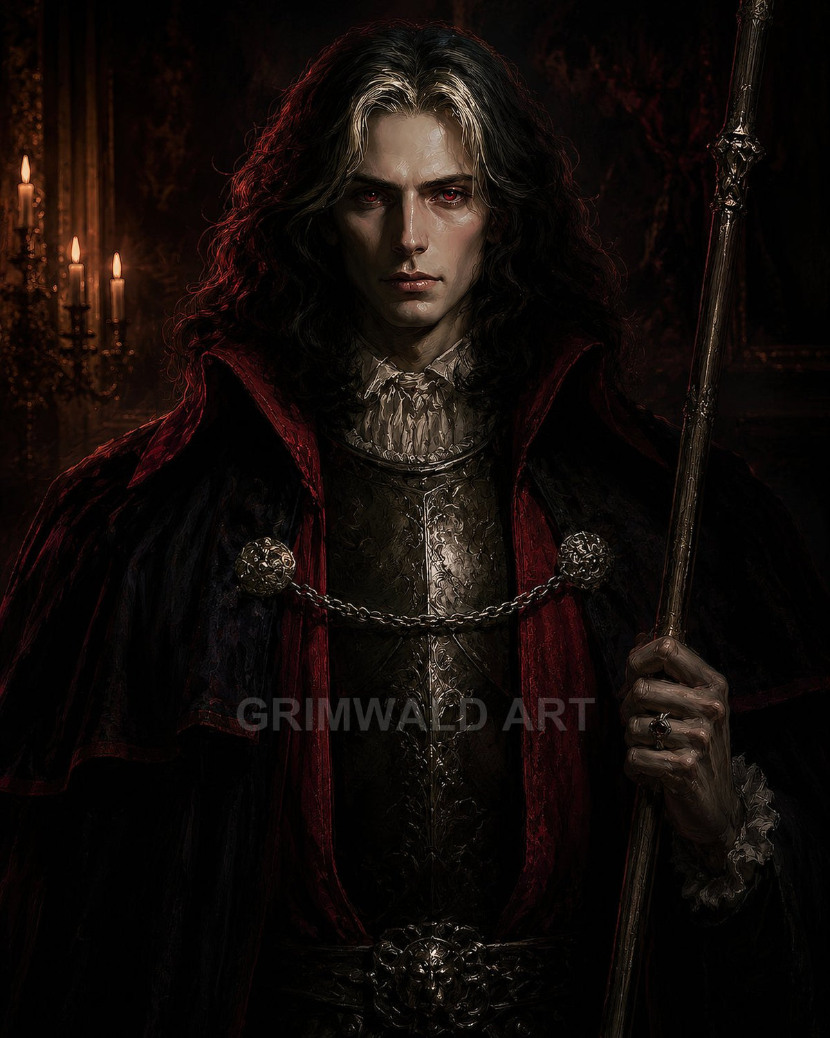 Gothic portrait of a pale, red-eyed vampire noble in ornate dark armour and velvet cloak, holding a staff in a candlelit interior.
