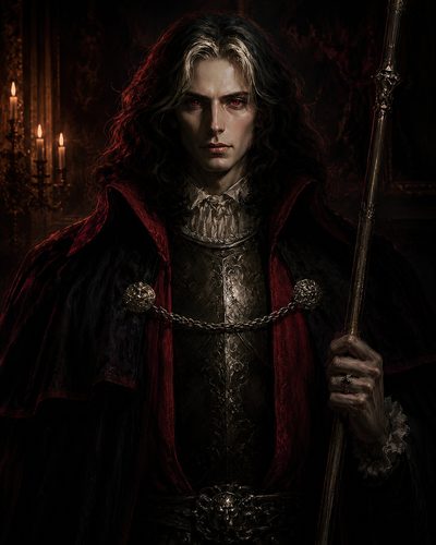GRID THUMBNAIL — Gothic portrait of a pale, red-eyed vampire noble in ornate dark armour and velvet cloak, holding a staff in a candlelit interior.