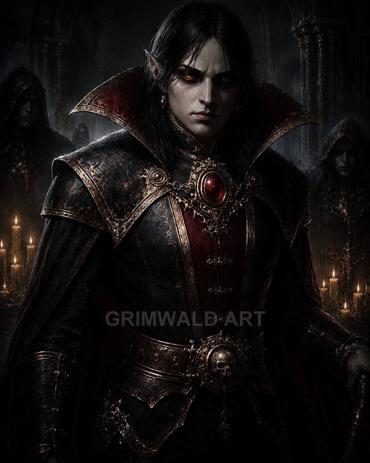 Pale, red-eyed vampire in ornate black and crimson armour with a jewelled brooch, standing in a candlelit gothic cathedral flanked by hooded figures.