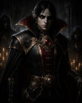 GRID THUMBNAIL — Pale, red-eyed vampire in ornate black and crimson armour with a jewelled brooch, standing in a candlelit gothic cathedral flanked by hooded figures.