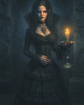 GRID THUMBNAIL — Gothic female vampire with glowing red eyes holds a brass candlestick, wearing black lace dress and pendant, standing in a dim stone interior.