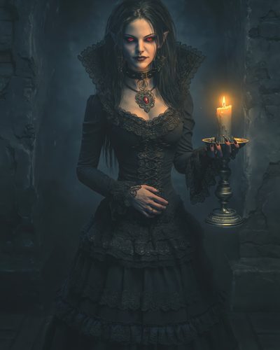 GRID THUMBNAIL — Gothic female vampire with glowing red eyes holds a brass candlestick, wearing black lace dress and pendant, standing in a dim stone interior.