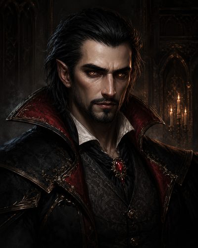 GRID THUMBNAIL — Portrait of a male vampire noble with pointed ears, red gemstone brooch and high collar, lit by candles in a dark gothic interior.