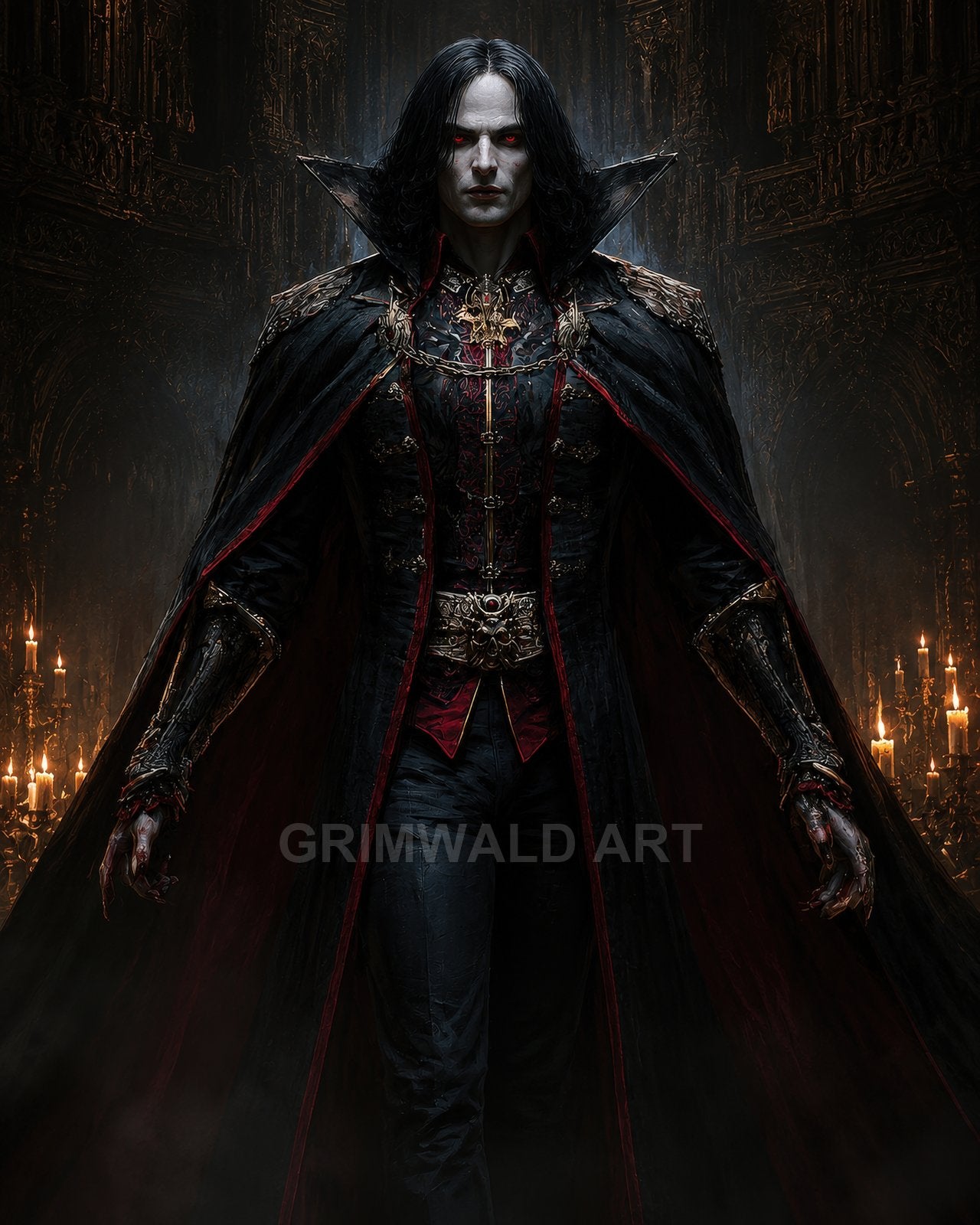 A pale, red-eyed vampire in ornate black and crimson attire stands within a candlelit gothic cathedral, cloak spread, radiating ominous authority.