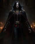 GRID THUMBNAIL — A pale, red-eyed vampire in ornate black and crimson attire stands within a candlelit gothic cathedral, cloak spread, radiating ominous authority.