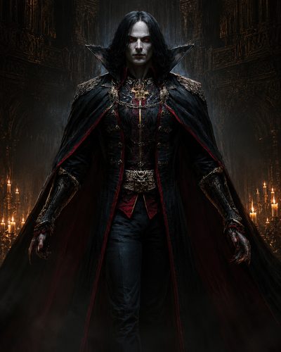 GRID THUMBNAIL — A pale, red-eyed vampire in ornate black and crimson attire stands within a candlelit gothic cathedral, cloak spread, radiating ominous authority.
