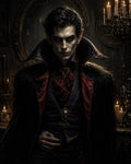 GRID THUMBNAIL — Elegant vampire noble with pale skin and red eyes stands in a candlelit gothic interior, wearing a high-collared cloak and skull pendant.