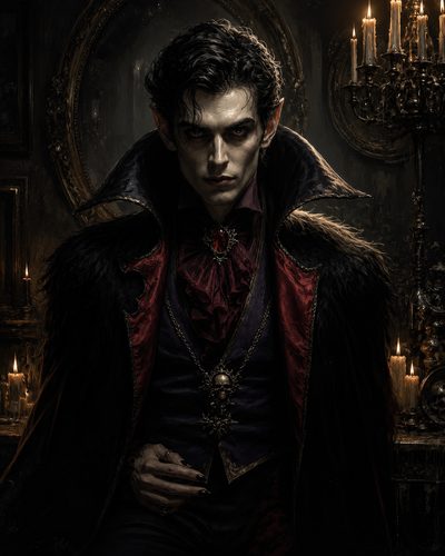 GRID THUMBNAIL — Elegant vampire noble with pale skin and red eyes stands in a candlelit gothic interior, wearing a high-collared cloak and skull pendant.