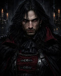 GRID THUMBNAIL — Brooding male vampire in crimson and black aristocratic attire, red eyes and long hair, before candlelit castle candelabras, staring intensely.