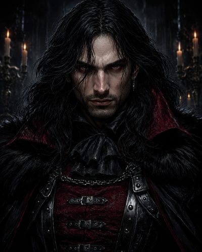 GRID THUMBNAIL — Brooding male vampire in crimson and black aristocratic attire, red eyes and long hair, before candlelit castle candelabras, staring intensely.